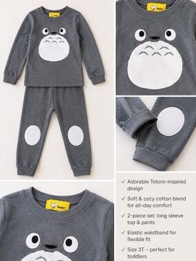 Kids' Gray Totoro Pajama Set - Long Sleeve Top & Pants